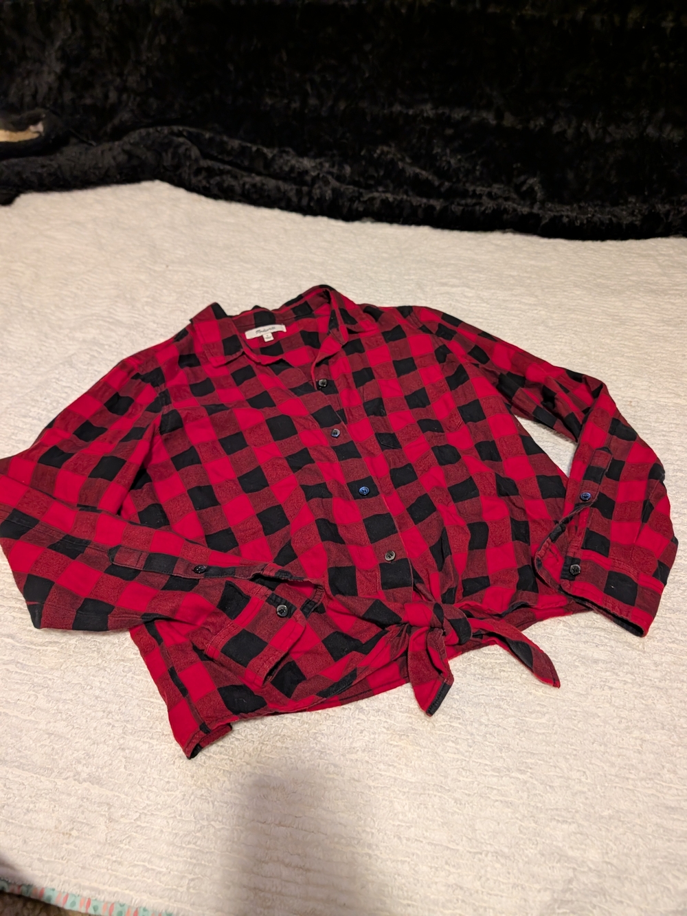 Madewell Red and Black Buffalo Plaid Tie-Front Button-Up Shirt